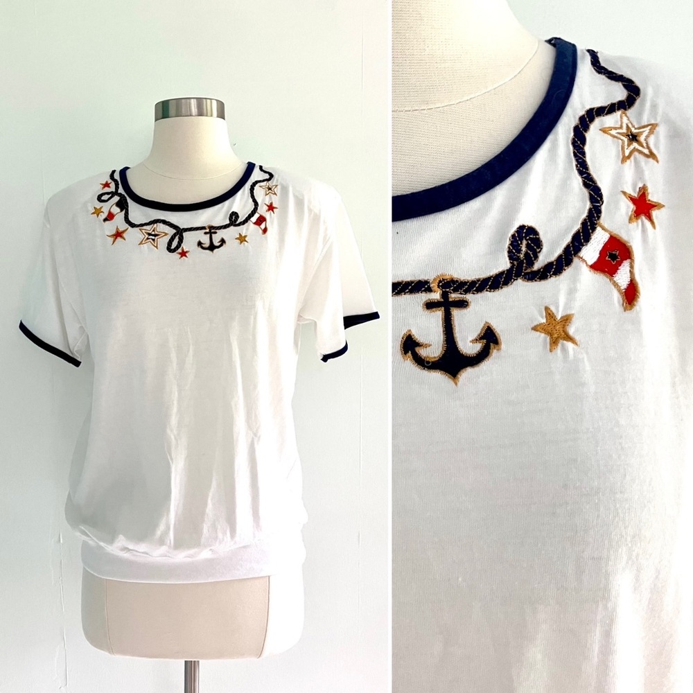 Vintage 80’s white nautical embroidered anchor pop over top t-shirt tee